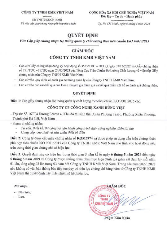 Quyết định cấp chứng nhận hệ thống quản lý chất lượng ISO 9001:2015 cho Công ty CP Công Nghệ Xanh Hùng Việt