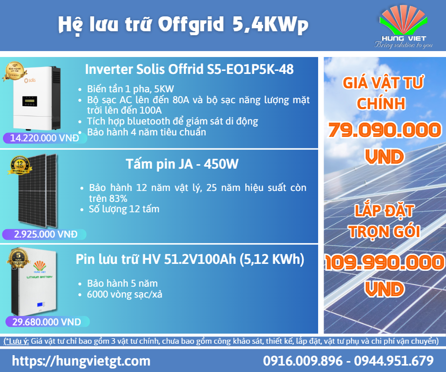Hệ thống điện mặt trời mái nhà 5,4kW Offgrid 