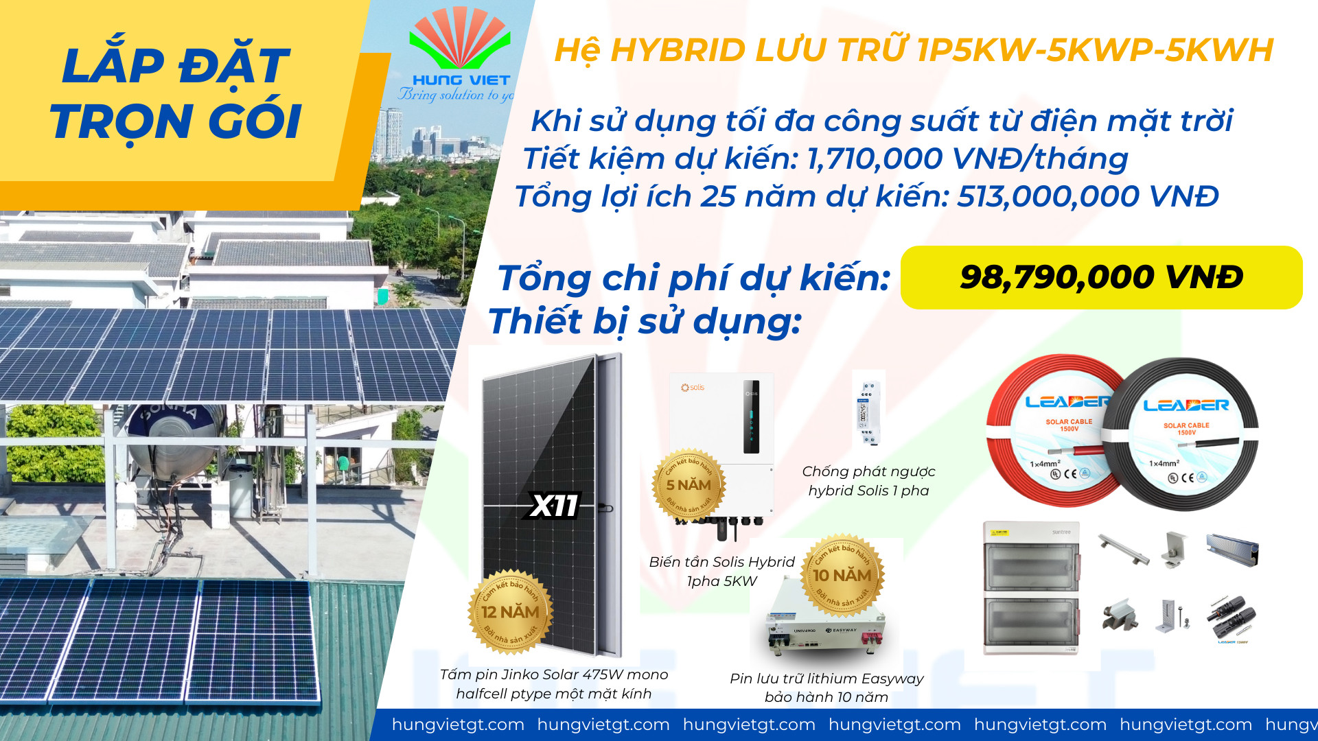 Combo lắp đặt trọn gói điện mặt trời hybrid 1P 5Kw lưu trữ 5kwh