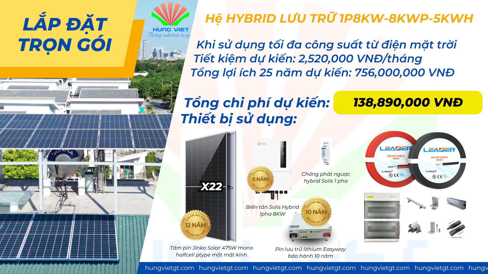 Combo lắp đặt trọn gói điện mặt trời hybrid 1P 8Kw lưu trữ 5kwh