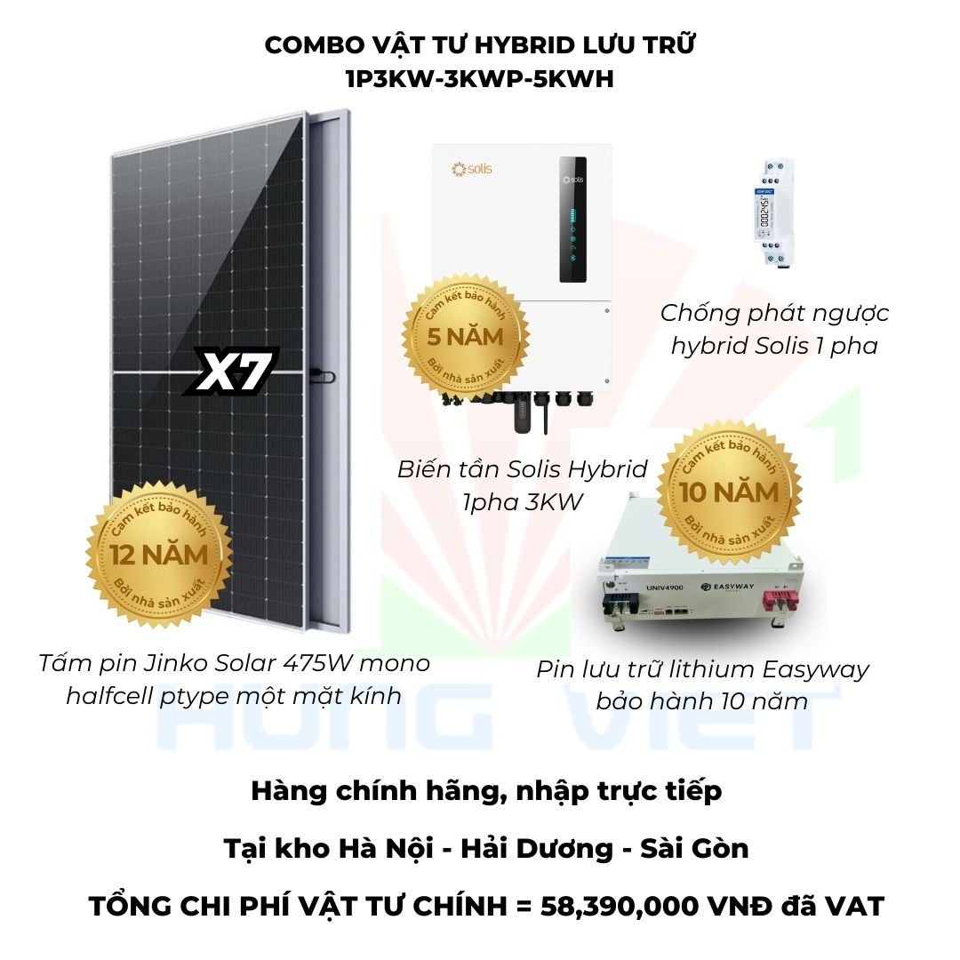 Combo vật tư chính hệ thống điện mặt trời hybrid 1P3K lưu 5kWh