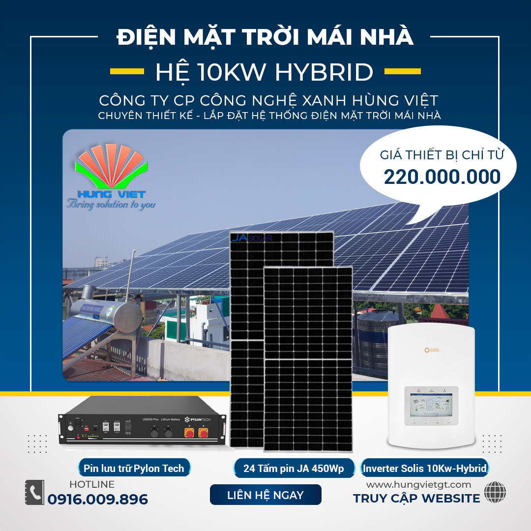 Hệ thống điện mặt trời mái nhà 10kW Hybrid  ( hòa lưới có lưu trữ)
