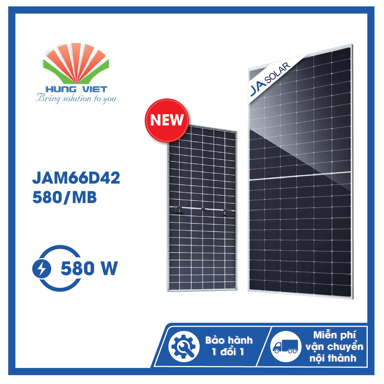 Tấm pin hai mặt kính JA Solar 580Wp - JAM66D42 580/MB