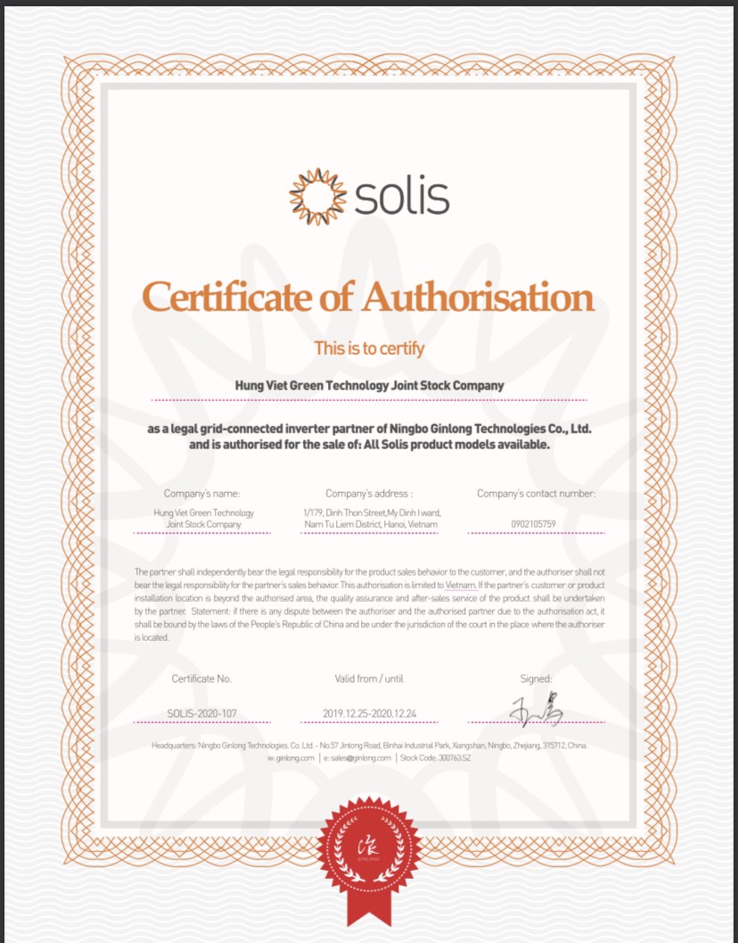 Chứng nhận nhà phân phối Solis - Công ty CP Công nghệ xanh Hùng Việt