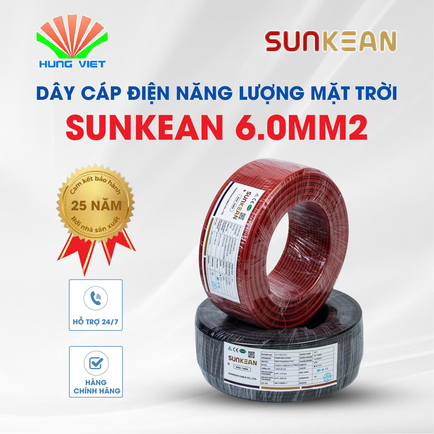 Dây cáp DC Solar Sunkean (6mm2) lõi đơn, ruột đồng, 62930 IEC131/H1Z2Z2-K